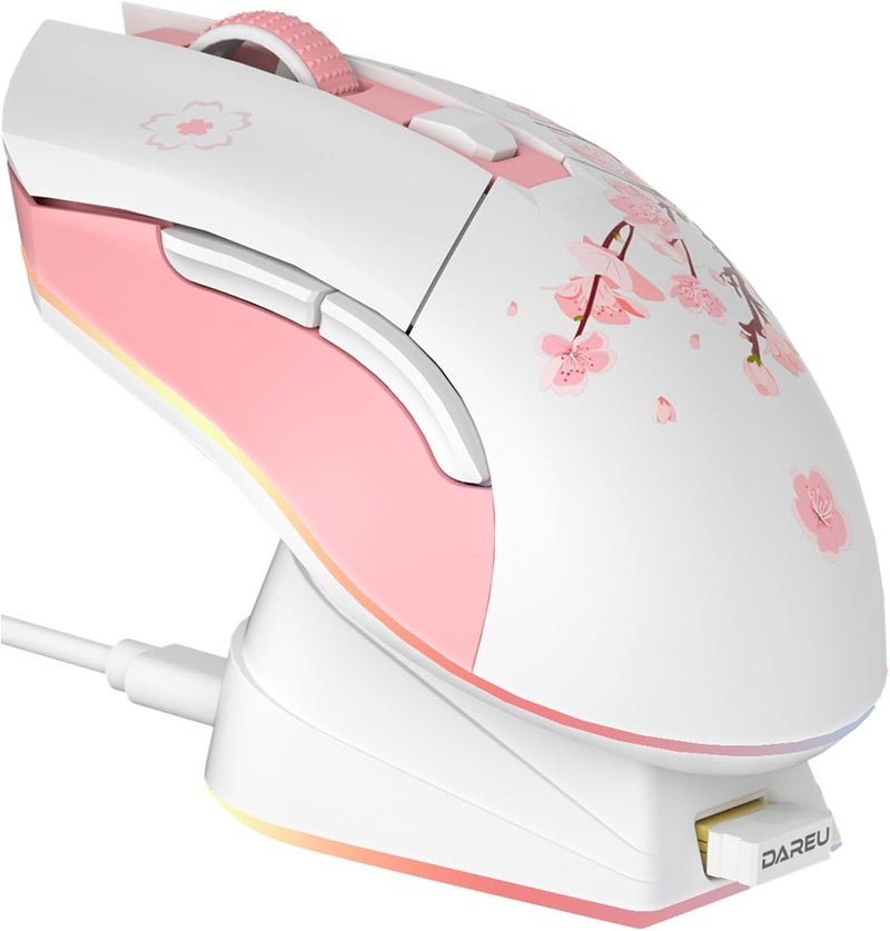 DAREU Sakura Pink Wireless Gaming Mouse with Charging Dock Rechargeable RGB,12K DPI,6 Programmable Buttons High-Precision Sensor [300IPS] [1000Hz] for PC Notebook Mac - Image 1